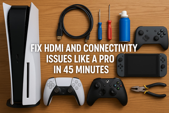 Gaming console with HDMI and connectivity repair tools for PS5, Xbox, Nintendo