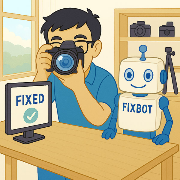 Successfully repaired camera with FixBot celebration